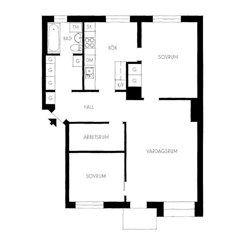 Planritning på 3ROK med separat arbetsrum.